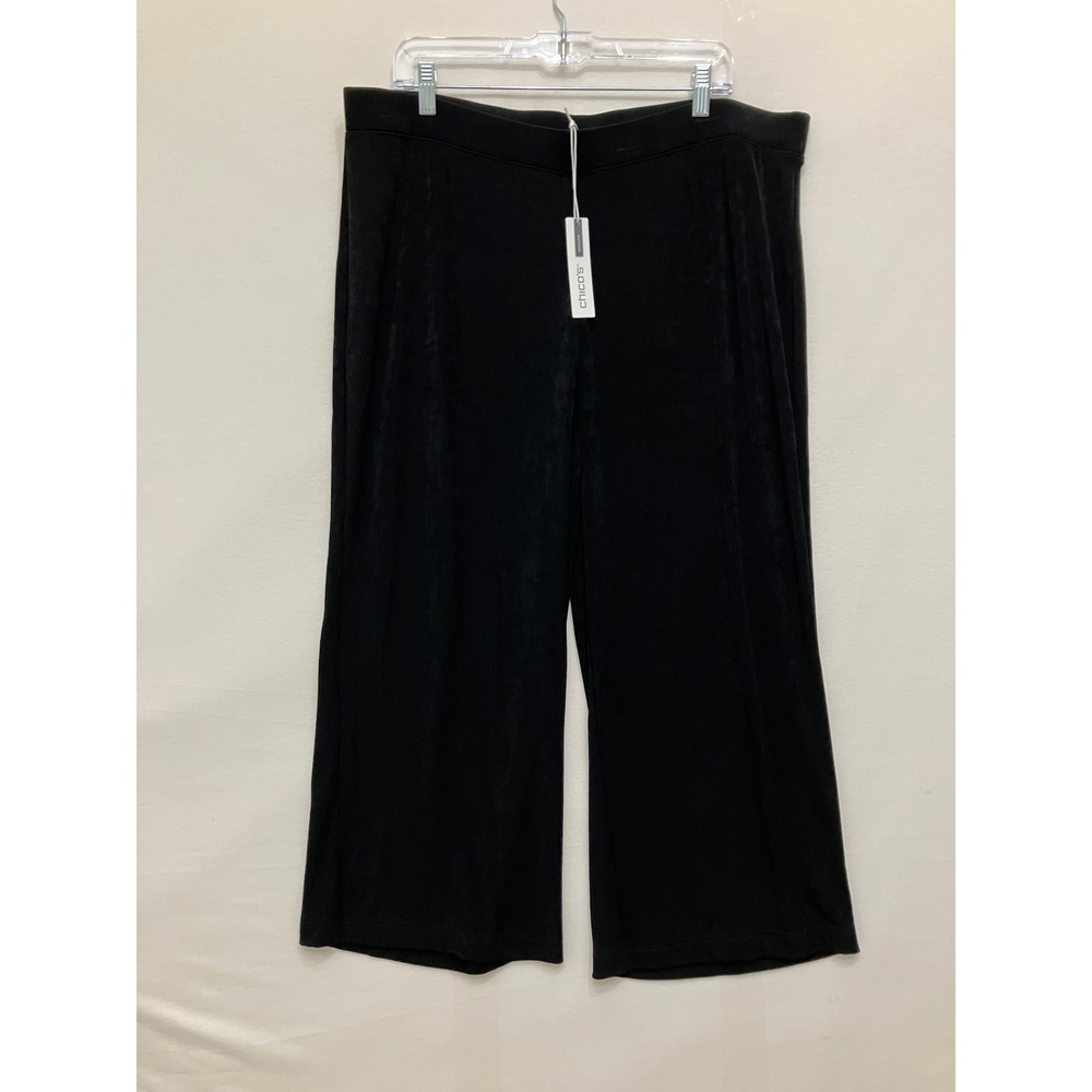 New Chico's Travelers Crop Pants size XL/3 Black Wide Leg Pull On Slinky Knit